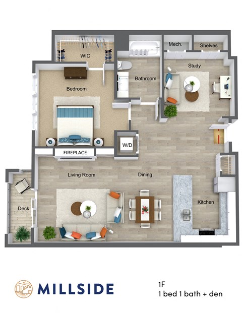Floor plan for 1 bed, 1 bath, 949 sqft
