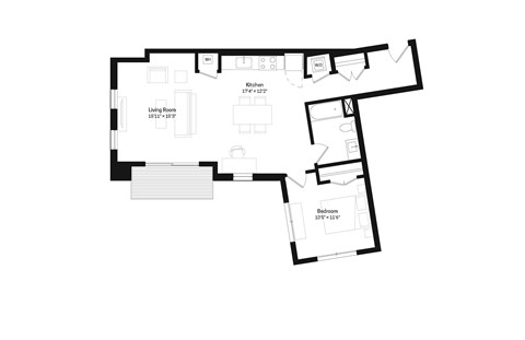Floor plan for 1 bed, 1 bath, 771 sqft