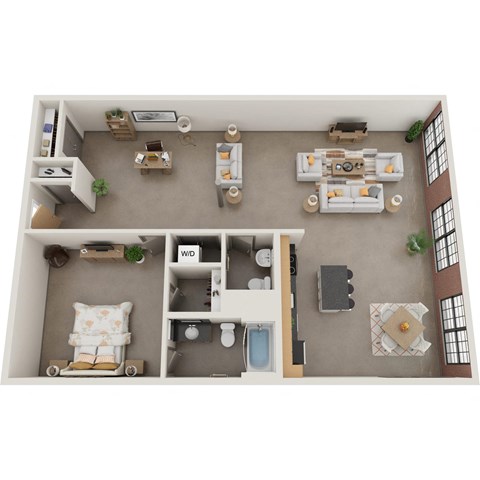 Floor plan for 1 bed, 1.5 baths, 827 sqft