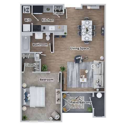 Floor plan for 1 bed, 1 bath, 923 sqft