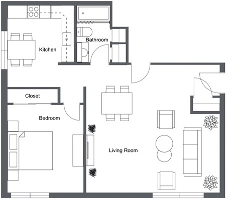 Floor plan for 1 bed, 1 bath, 798 sqft