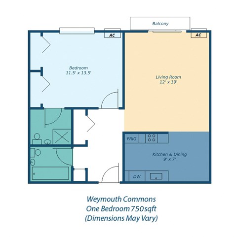 Floor plan for 1 bed, 2 baths, 750 sqft