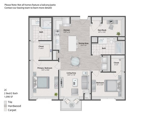 Floor plan for 2 beds, 2 baths, 1093 sqft