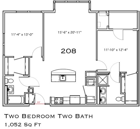 Floor plan for 2 beds, 2 baths, 1169 sqft