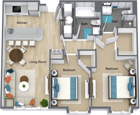 Floor plan for 2 beds, 2 baths, 1060 sqft