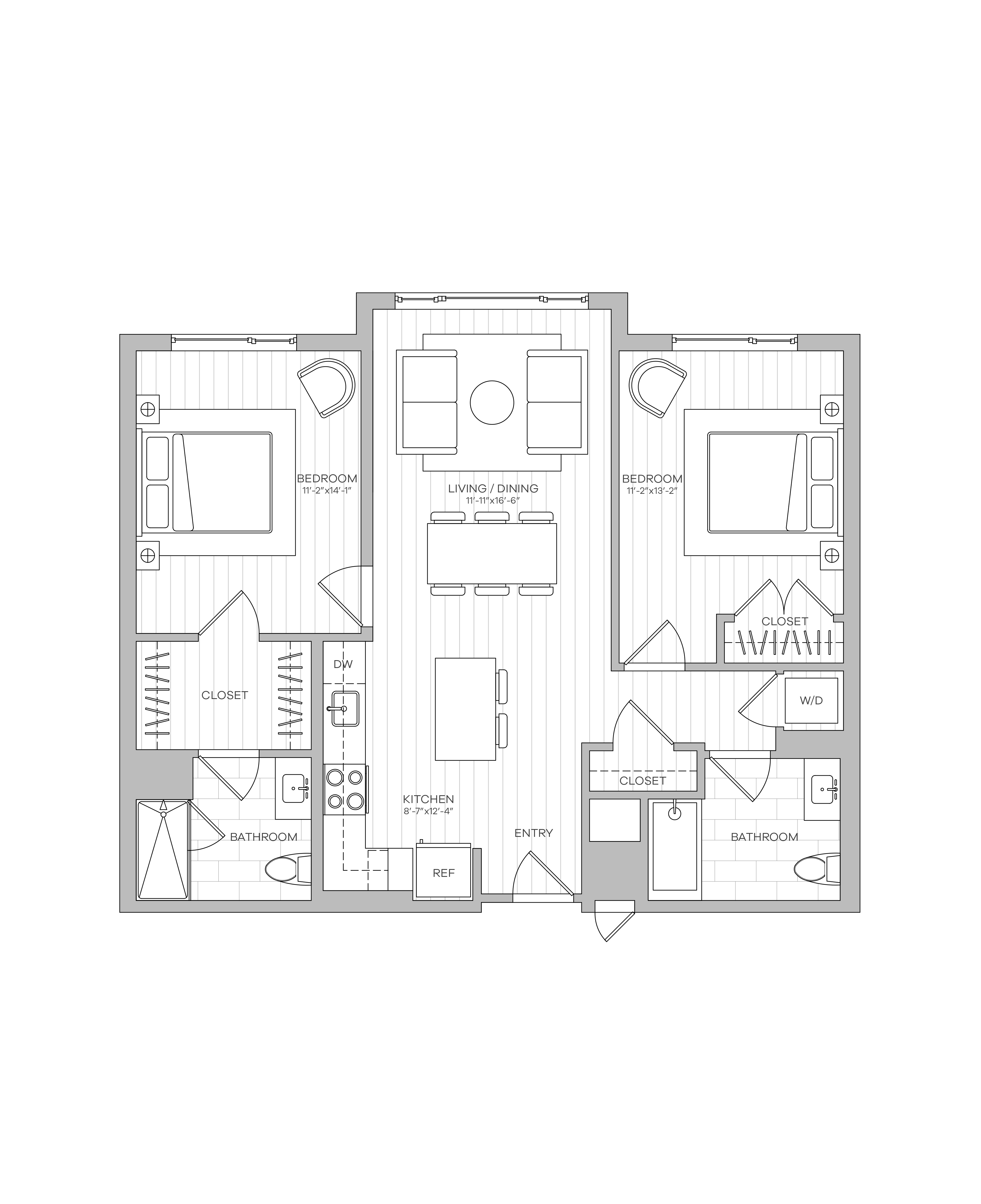 Floor plan for 2 beds, 2 baths, 1108 sqft