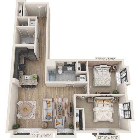 Floor plan for 2 beds, 1.5 baths, 1370 sqft