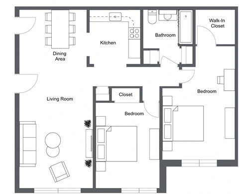 Floor plan for 2 beds, 1 bath, 984 sqft