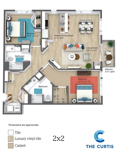 Floor plan for 2 beds, 2 baths, 1250 sqft