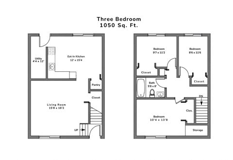 Floor plan for 3 beds, 1 bath, 1000 sqft
