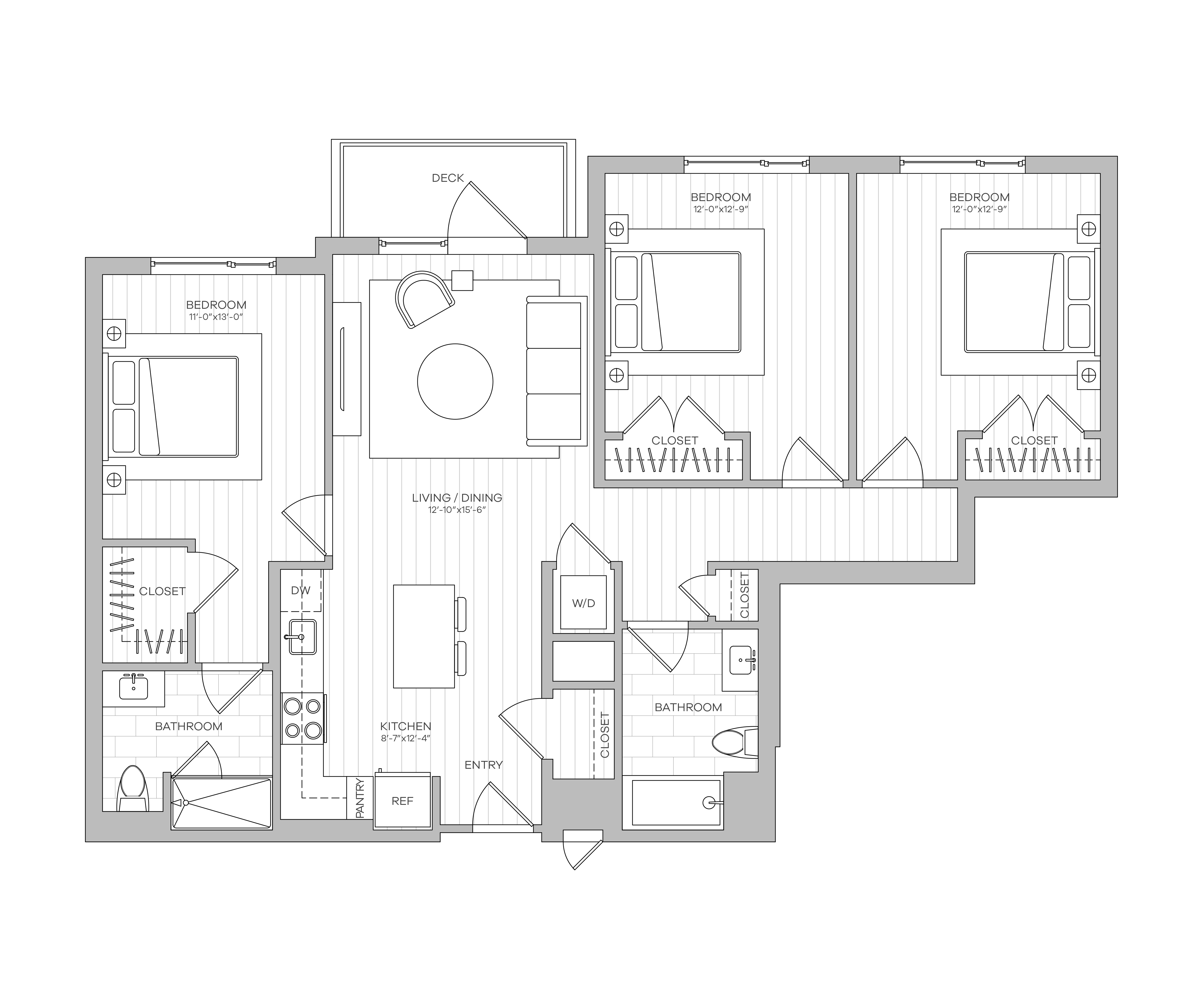 Floor plan for 3 beds, 2 baths, 1225 sqft