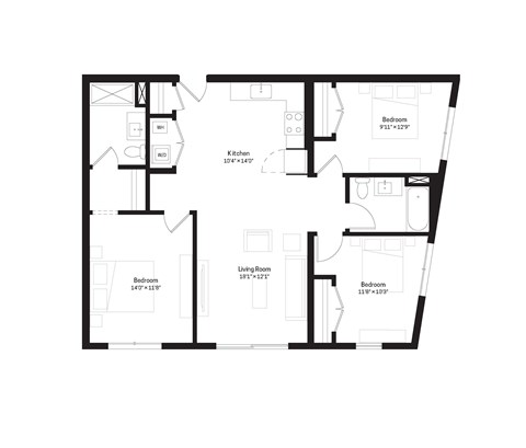 Floor plan for 3 beds, 2 baths, 1058 sqft