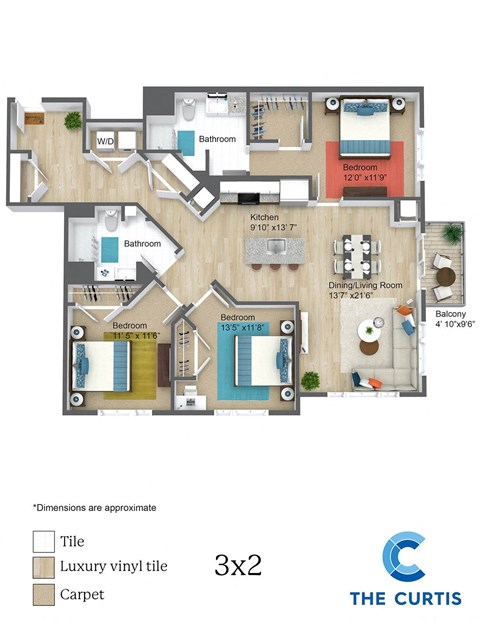 Floor plan for 3 beds, 2 baths, 1300 sqft