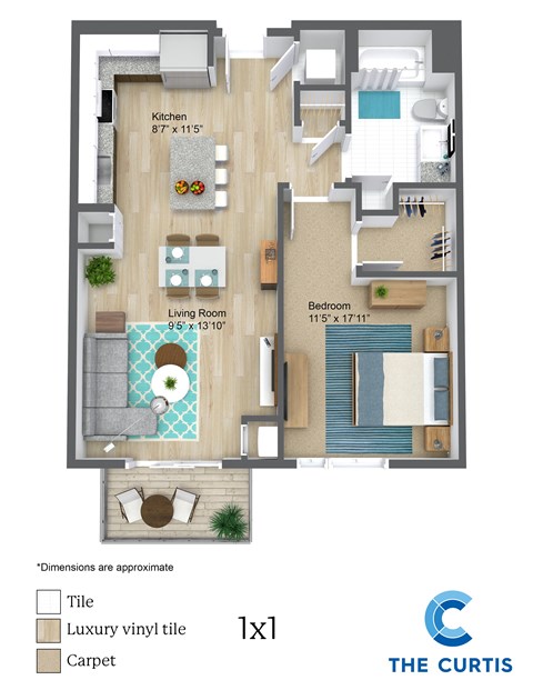 Floor plan for 1 bed, 1 bath, 684 sqft