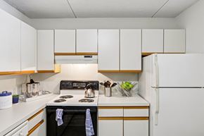 Shrewsbury apartment for rent - A kitchen with a black stove top oven and white cabinets.