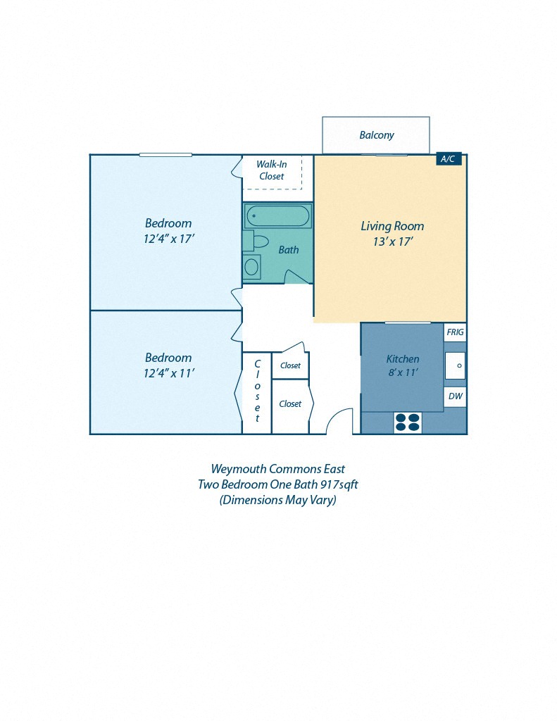 Floor plan for 2 beds, 1 bath, 868 sqft