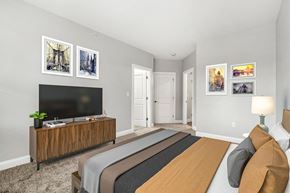 Ashland apartment for rent - Ashland woods apartments in MA bedroom with carpet flooring and large windows, virtually staged