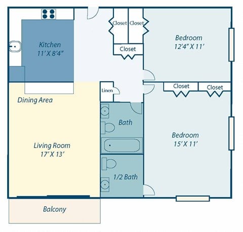 Floor plan for 2 beds, 1.5 baths, 848 sqft