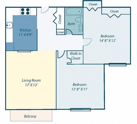 Floor plan for 2 beds, 1 bath, 879 sqft