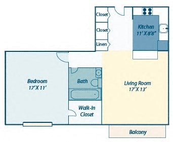 Floor plan for 1 bed, 1 bath, 700 sqft