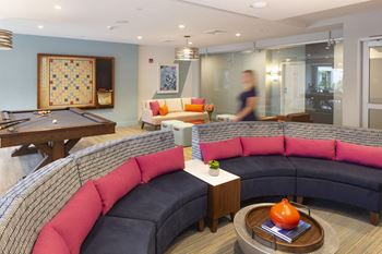 Entertainment lounge featuring large-screen tv, gas fireplace, billiards table and wifi
