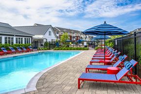 Plymouth apartment for rent - A row of red sun loungers are on the edge of a pool.