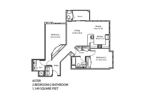 Floor plan for 2 beds, 2 baths, 1149 sqft