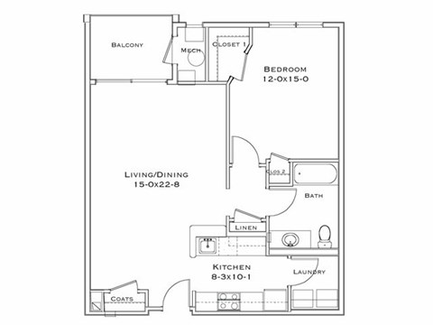 Floor plan for 1 bed, 1 bath, 800 sqft