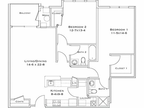 Floor plan for 2 beds, 2 baths, 1124 sqft