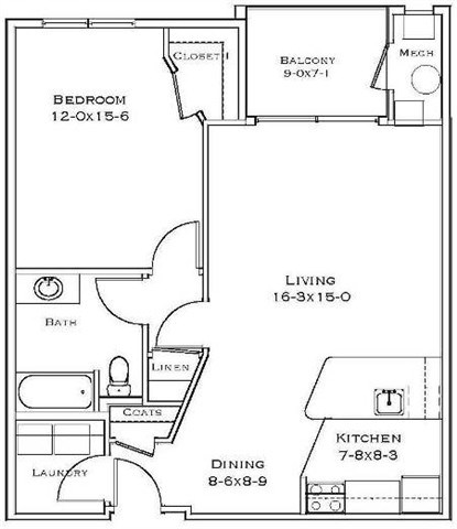 Floor plan for 1 bed, 1 bath, 795 sqft