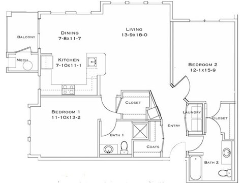 Floor plan for 2 beds, 2 baths, 1166 sqft