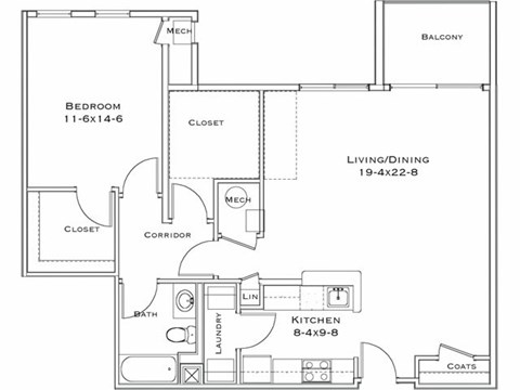 Floor plan for 1 bed, 1 bath, 1007 sqft