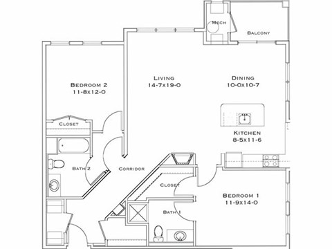 Floor plan for 2 beds, 2 baths, 1221 sqft