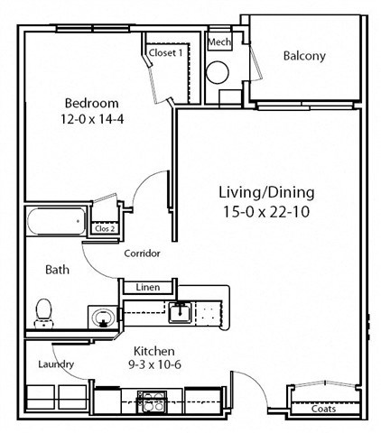 Floor plan for 1 bed, 1 bath, 795 sqft
