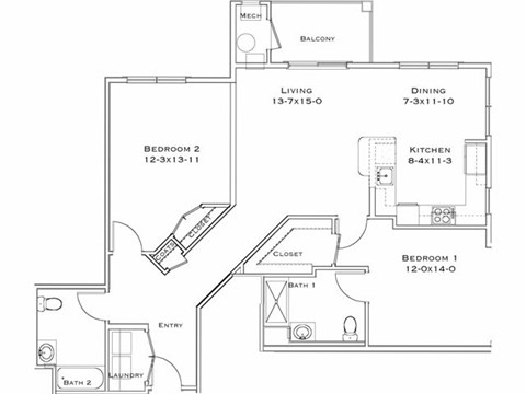 Floor plan for 2 beds, 2 baths, 1149 sqft