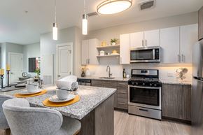 Plymouth apartment for rent - One bedroom model apartment with overhead and undercabinet lighting, granite countertop, kitchen island, stainless appliances