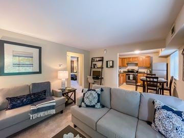 Dracut apartment for rent - A living room with a grey couch and a painting on the wall.