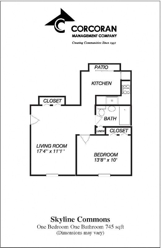 Floor plan for 1 bed, 1 bath, 745 sqft
