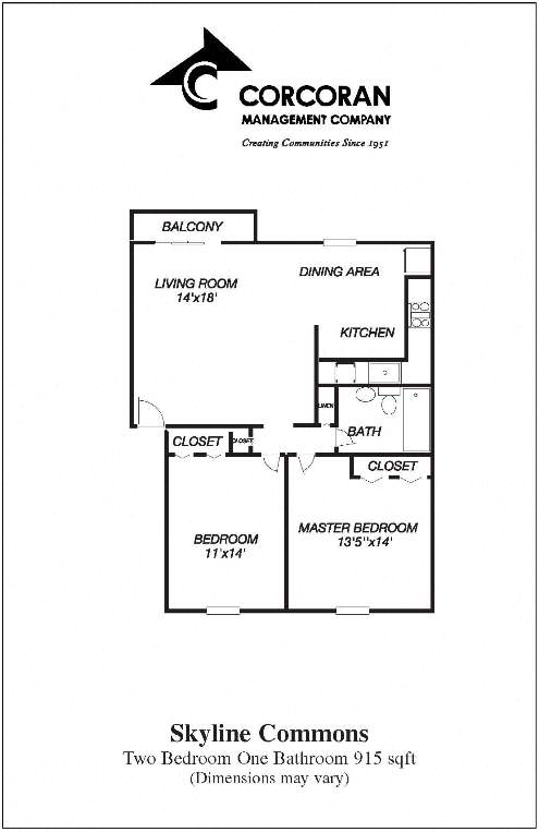 Floor plan for 2 beds, 1 bath, 915 sqft