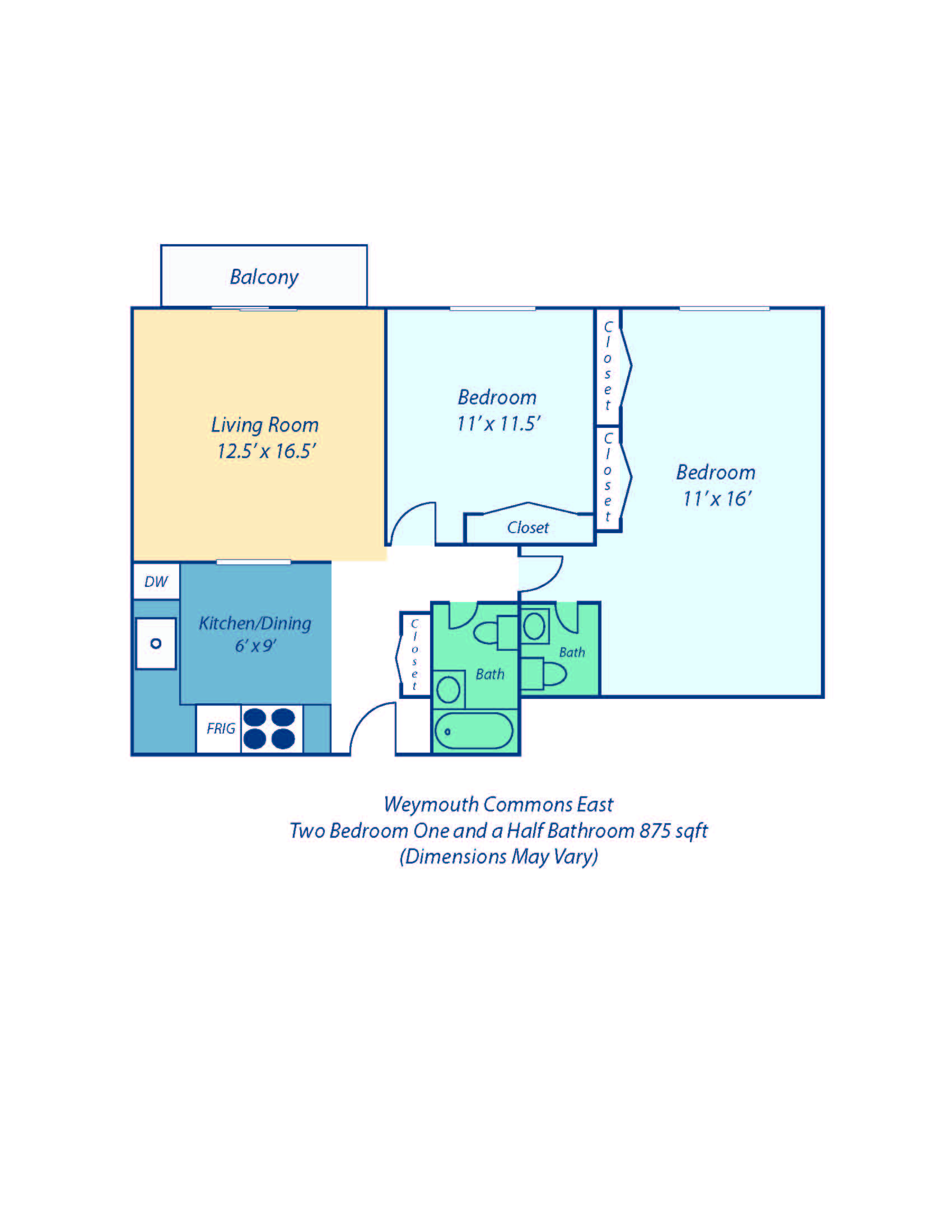 Floor plan for 2 beds, 1.5 baths, 875 sqft