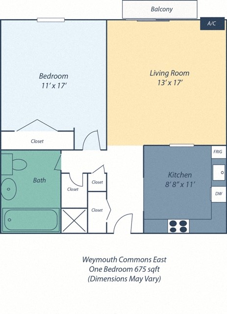 Floor plan for 1 bed, 1 bath, 672 sqft