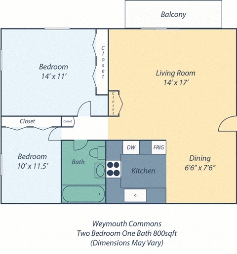 Floor plan for 2 beds, 1 bath, 800 sqft