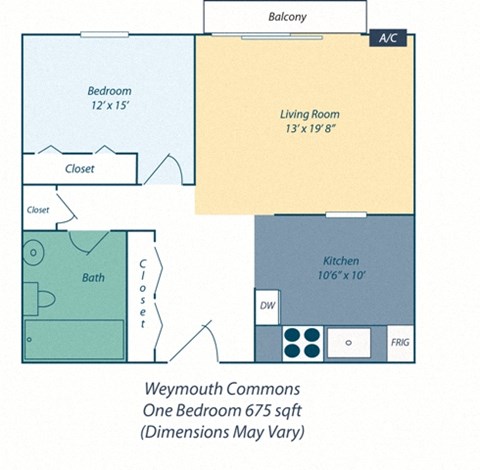 Floor plan for 1 bed, 1 bath, 700 sqft