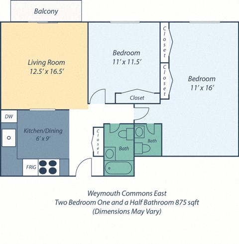 Floor plan for 2 beds, 1.5 baths, 850 sqft
