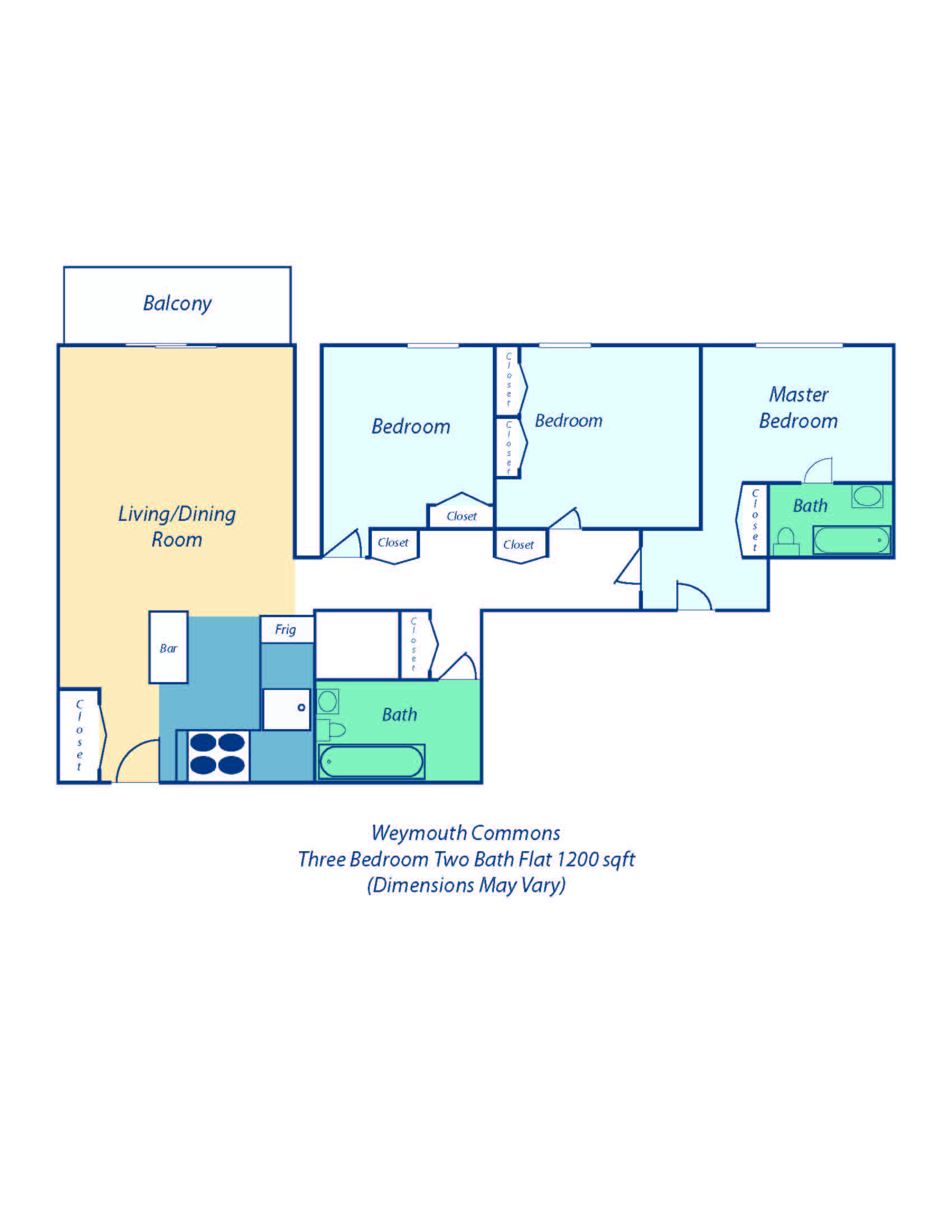 Floor plan for 3 beds, 2 baths, 1211 sqft