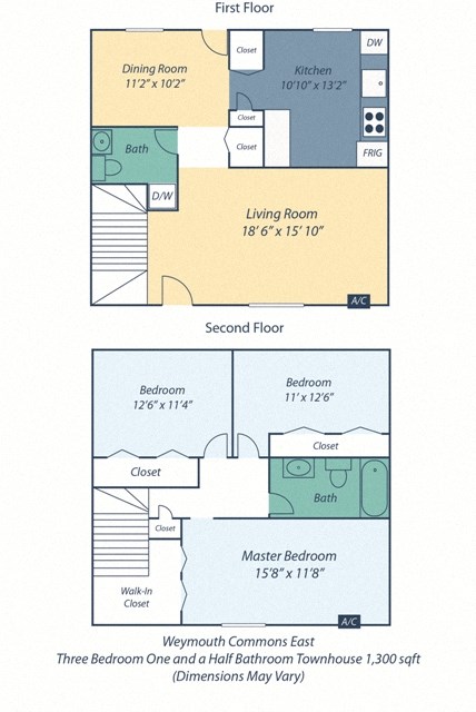 Floor plan for 3 beds, 1.5 baths, 1304 sqft