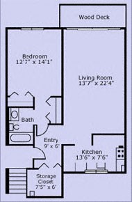 Floor plan for 1 bed, 1 bath, 754 sqft