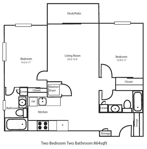 Floor plan for 2 beds, 2 baths, 864 sqft
