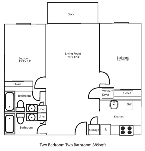 Floor plan for 2 beds, 2 baths, 889 sqft
