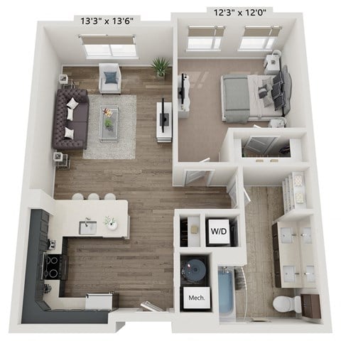 Floor plan for 1 bed, 1 bath, 890 sqft
